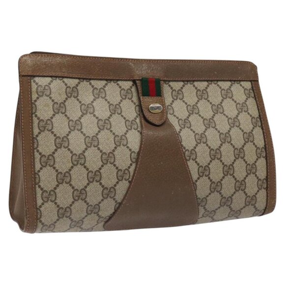 GUCCI GG Supreme Web Sherry Line Clutch Bag PVC Beige 89 01 033 Auth th5825 - Picture 1 of 16